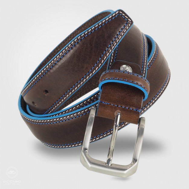 Cintura in cuoio Marrone con bordi celesti Cintura in cuoio Marrone con bordi celesti