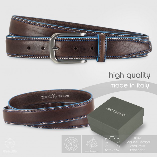 Cintura in cuoio Marrone con bordi celesti Cintura in cuoio Marrone con bordi celesti