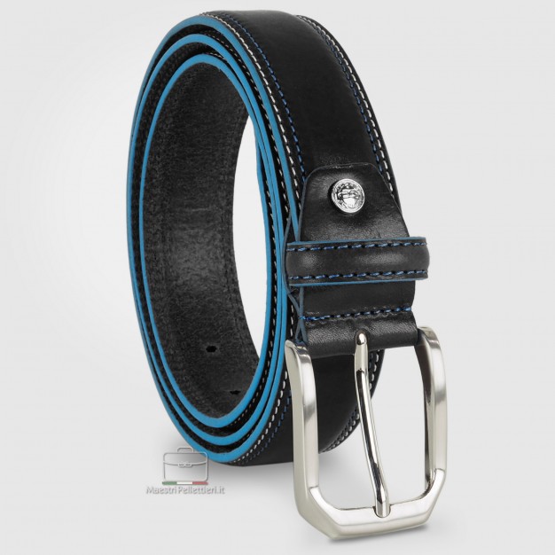 Cintura in cuoio Nero con bordi celesti Cintura in cuoio Nero con bordi celesti