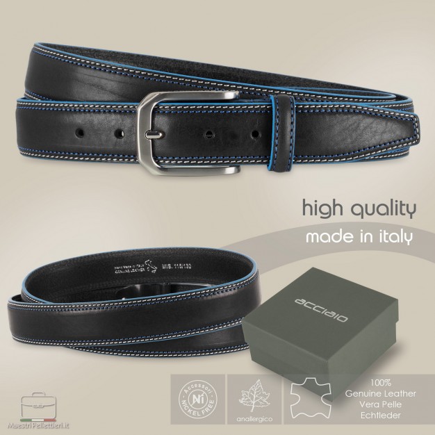 Cintura in cuoio Nero con bordi celesti Cintura in cuoio Nero con bordi celesti