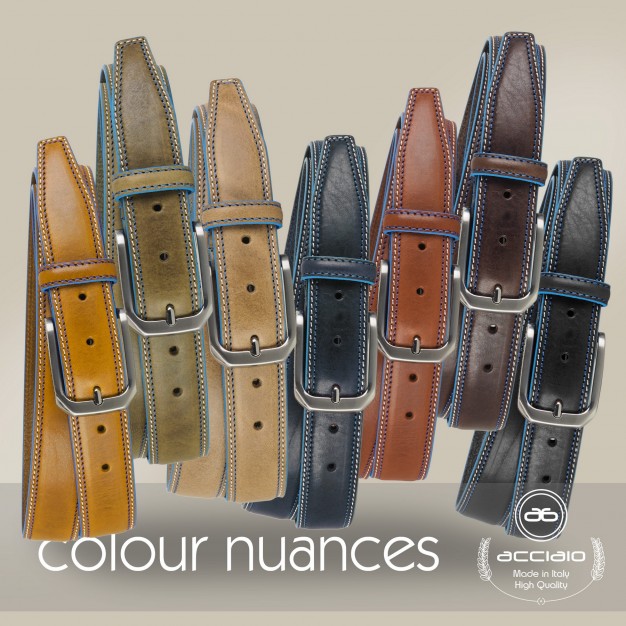 Cintura in cuoio Cognac con bordi celesti Cintura in cuoio Cognac con bordi celesti