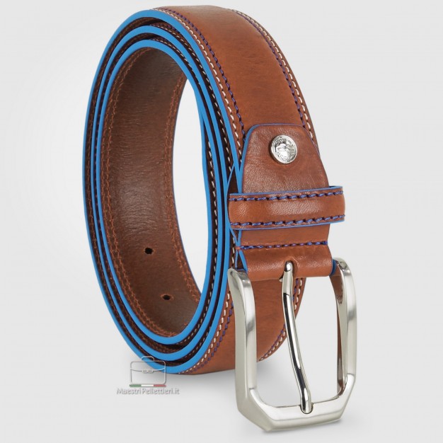 Cintura in cuoio Cognac con bordi celesti Cintura in cuoio Cognac con bordi celesti