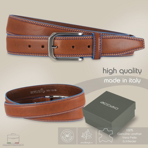 Cintura in cuoio Cognac con bordi celesti Cintura in cuoio Cognac con bordi celesti