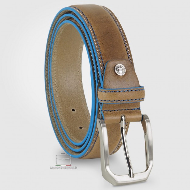 Cintura in cuoio Taupe/Beige con bordi celesti Cintura in cuoio Taupe/Beige con bordi celesti