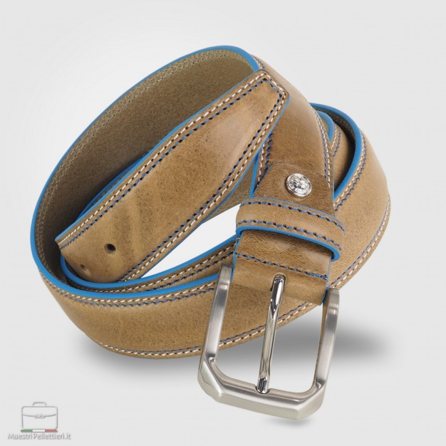 Cintura in cuoio Taupe/Beige con bordi celesti Cintura in cuoio Taupe/Beige con bordi celesti