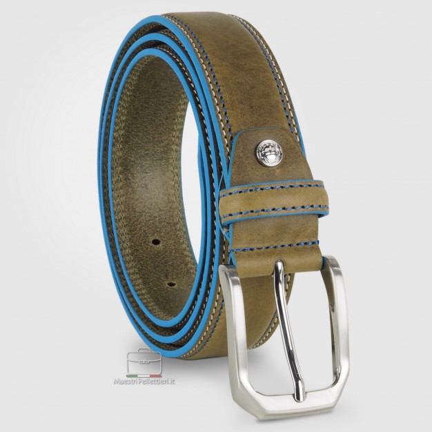 Cintura in cuoio Verde con bordi celesti