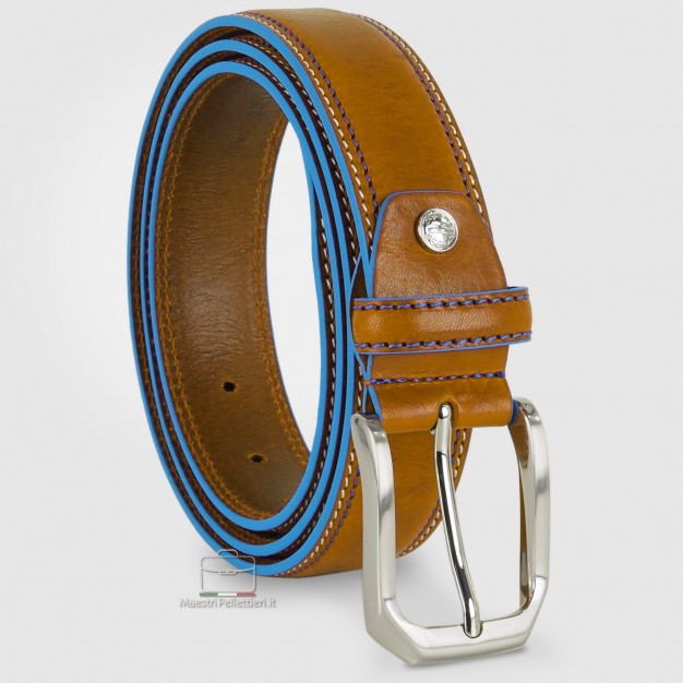 Cintura in cuoio Giallo Ocra con bordi celesti Cintura in cuoio Giallo Ocra con bordi celesti