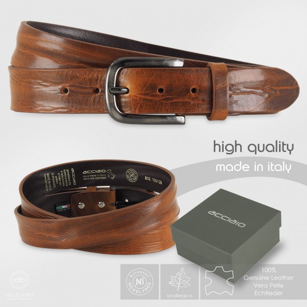 Cintura uomo in cuoio plissé Cognac