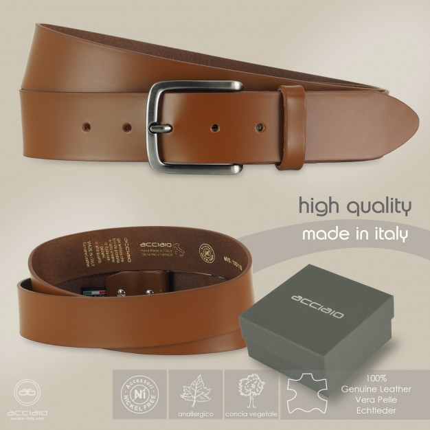 Man's belt in smooth wide leather Jupiter, Cognac