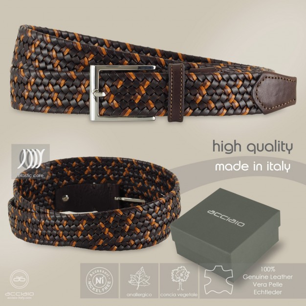 Cintura intrecciata elastica in pelle Marrone e Cognac Cintura intrecciata elastica in pelle Marrone e Cognac