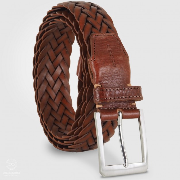 Braided belt in leather Cognac Brown