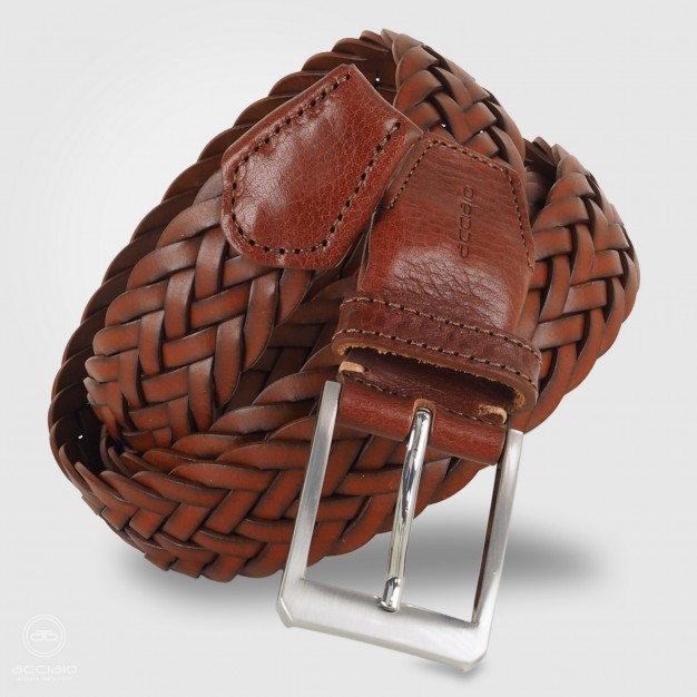 Braided belt in leather Cognac Brown