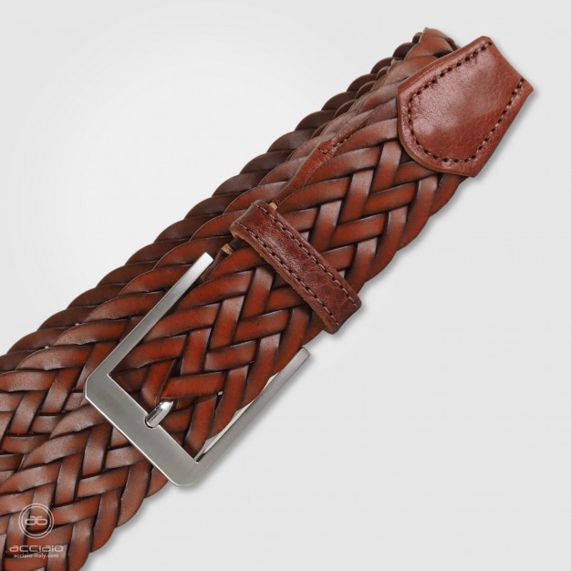 Braided belt in leather Cognac Brown
