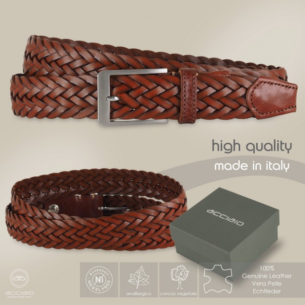 Braided belt in leather Cognac Brown