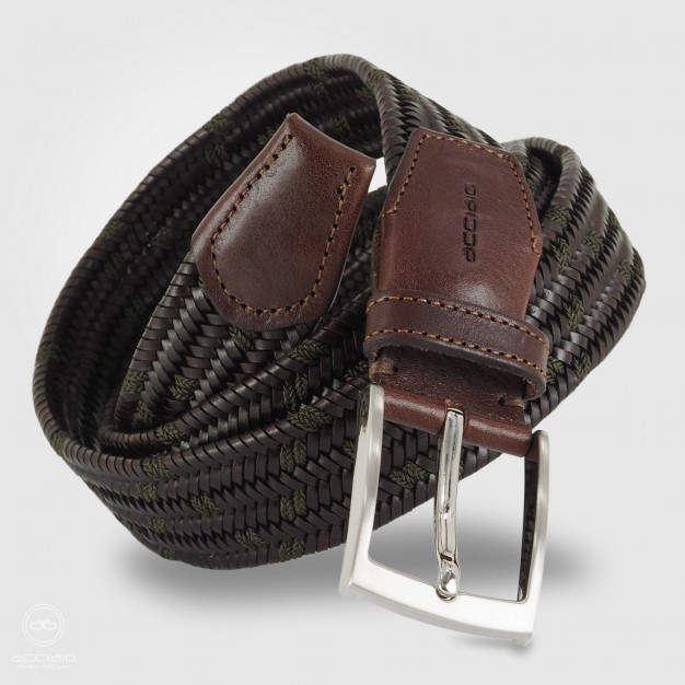 Cintura Intrecciata elastica in cuoio Marrone e Verde