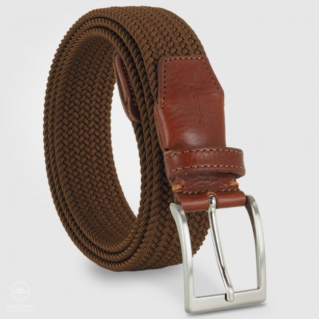 Cintura intrecciata elastica Marrone da uomo, fibbia satinata Cintura intrecciata elastica Marrone da uomo, fibbia satinata