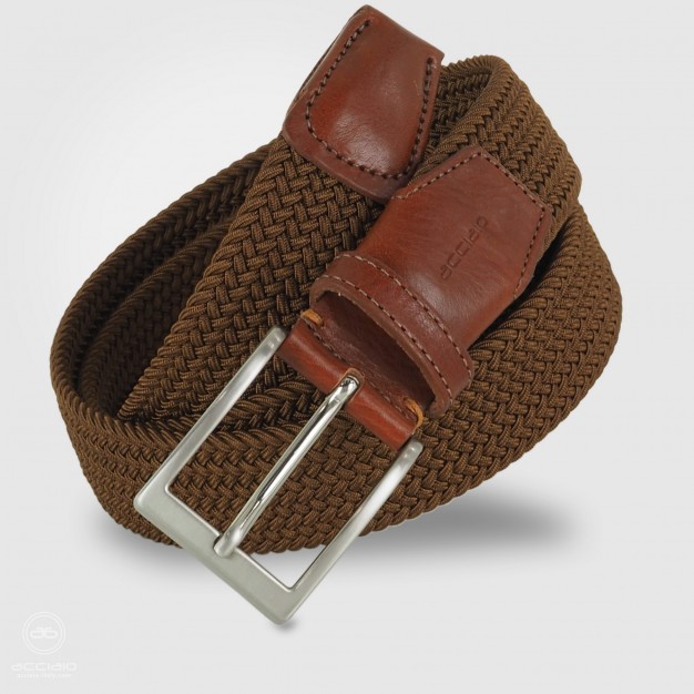 Cintura intrecciata elastica Marrone da uomo, fibbia satinata Cintura intrecciata elastica Marrone da uomo, fibbia satinata
