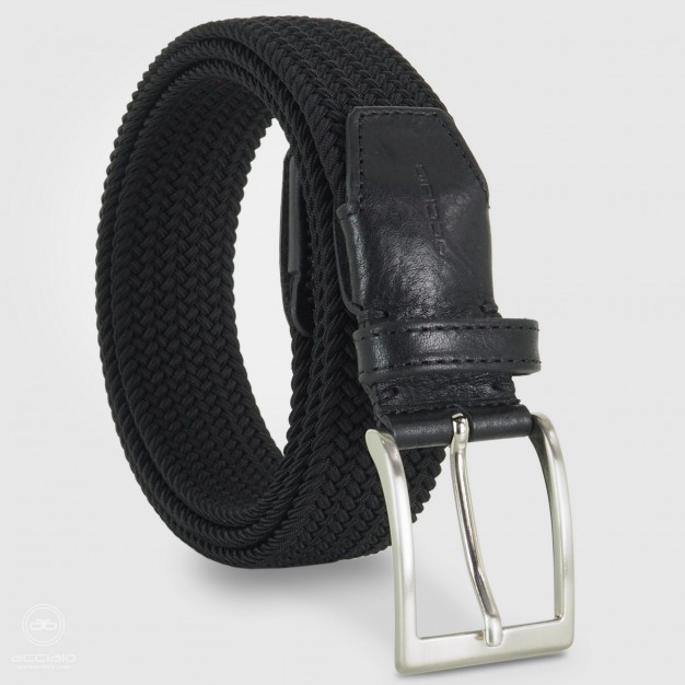 Cintura intrecciata elastica Nero da uomo, fibbia satinata Cintura intrecciata elastica Nero da uomo, fibbia satinata