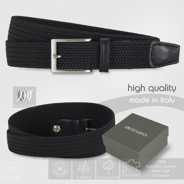 Cintura intrecciata elastica Nero da uomo, fibbia satinata Cintura intrecciata elastica Nero da uomo, fibbia satinata