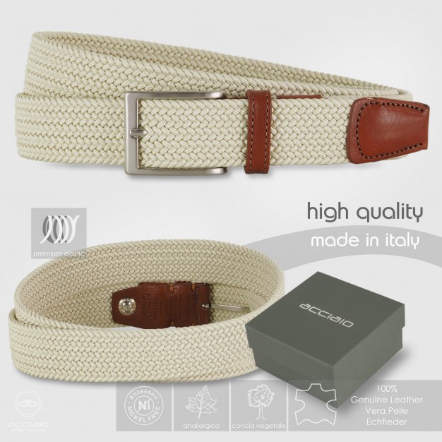 Cintura intrecciata elastica Bianco da uomo, fibbia satinata Cintura intrecciata elastica Bianco da uomo, fibbia satinata