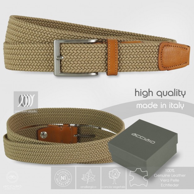 Cintura intrecciata elastica Taupe da uomo, fibbia satinata Cintura intrecciata elastica Taupe da uomo, fibbia satinata