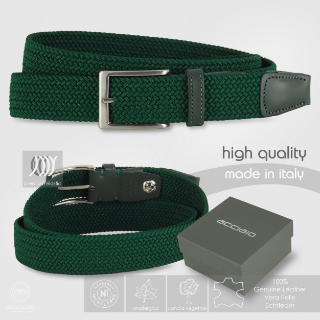 Braided stretch men's Green belt, brushed buckle Braided stretch men's Green belt, brushed buckle