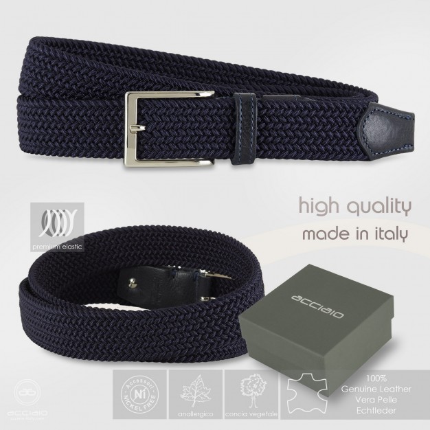 Cintura intrecciata Blu elastica, inserti cuoio Blu Cintura intrecciata Blu elastica, inserti cuoio Blu