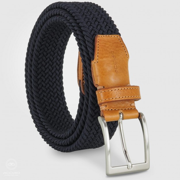 Cintura intrecciata Blu elastica, inserti cuoio Miele Cintura intrecciata Blu elastica, inserti cuoio Miele