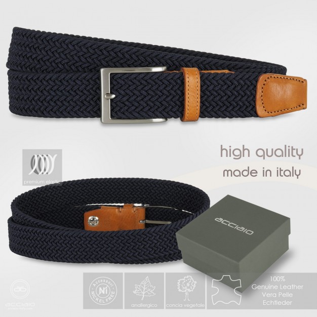 Cintura intrecciata Blu elastica, inserti cuoio Miele Cintura intrecciata Blu elastica, inserti cuoio Miele