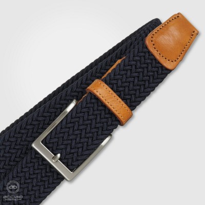 Cintura intrecciata Blu elastica, inserti cuoio Miele
