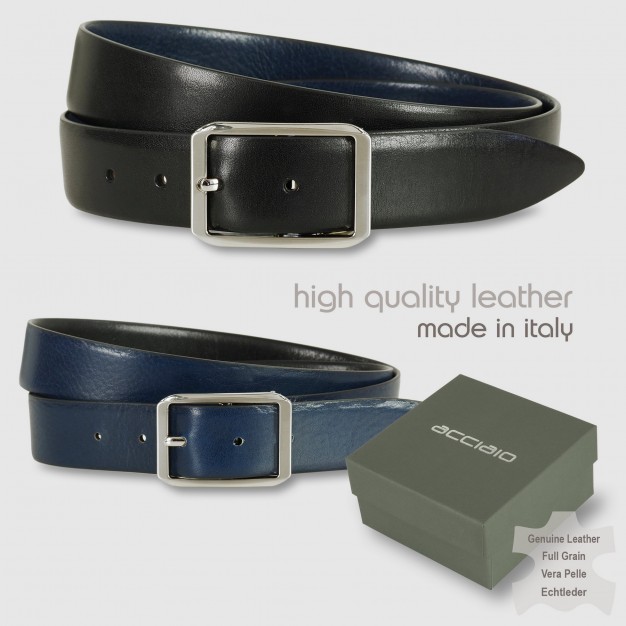 Elegant men's belt double-face leather Black/Blue