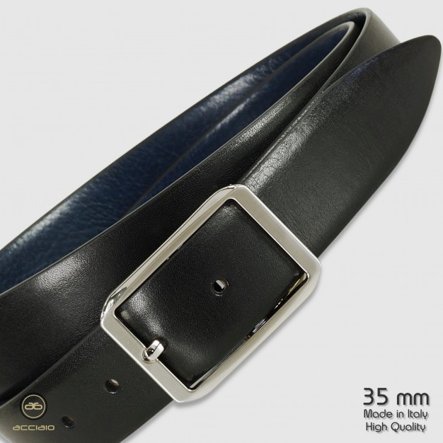 Elegant men's belt double-face leather Black/Blue