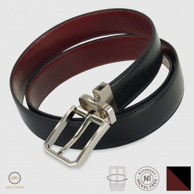 Men's belt double-face leather Black/Bordeaux