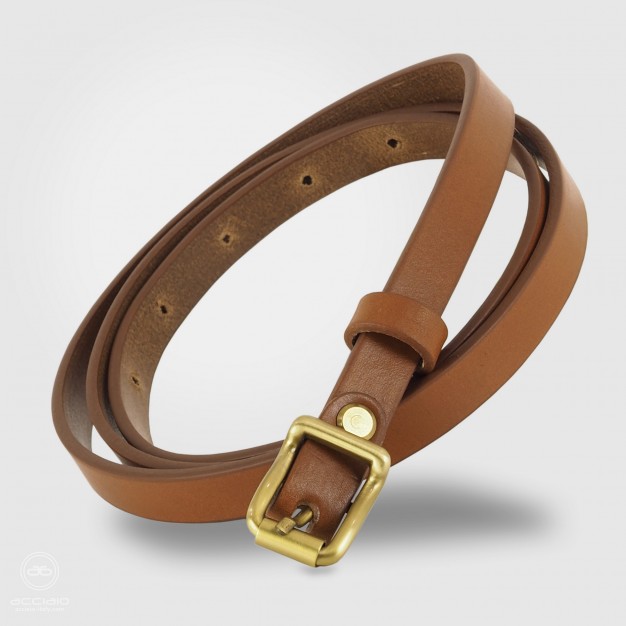 Cintura moda sottile da donna in pelle Cognac fibbia Carré