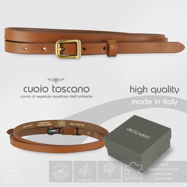 Cintura moda sottile da donna in pelle Cognac fibbia Carré