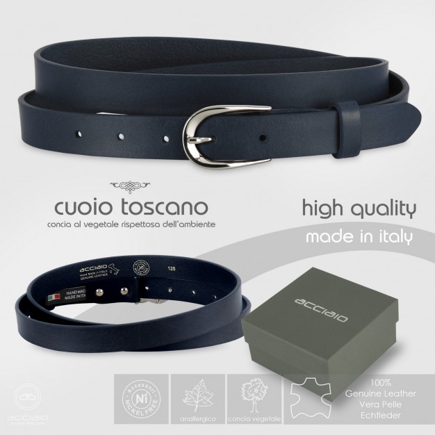 Cintura donna sottile in pelle fibbia argento cuoio Blu Cintura donna sottile in pelle fibbia argento cuoio Blu