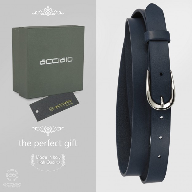 Cintura donna sottile in pelle fibbia argento cuoio Blu Cintura donna sottile in pelle fibbia argento cuoio Blu