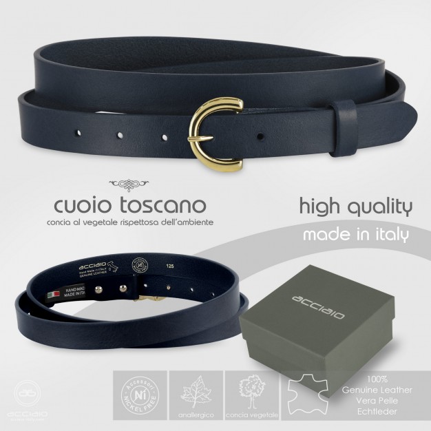 Cintura donna sottile in cuoio Blu fibbia oro Cintura donna sottile in cuoio Blu fibbia oro