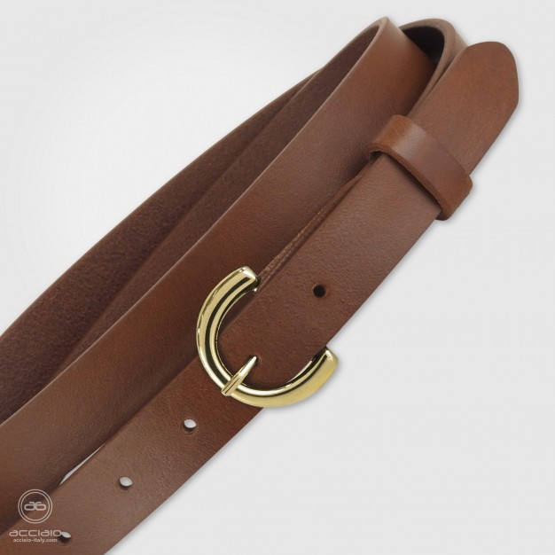 Cintura donna sottile in cuoio Castagno fibbia oro