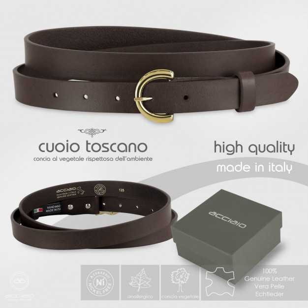 Cintura donna sottile in cuoio Marrone fibbia oro Cintura donna sottile in cuoio Marrone fibbia oro