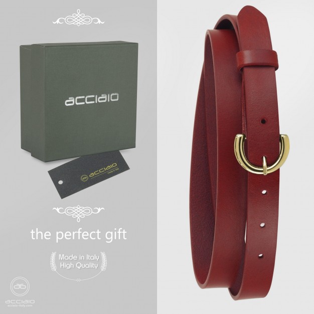 Cintura donna sottile in cuoio Rosso fibbia oro Cintura donna sottile in cuoio Rosso fibbia oro