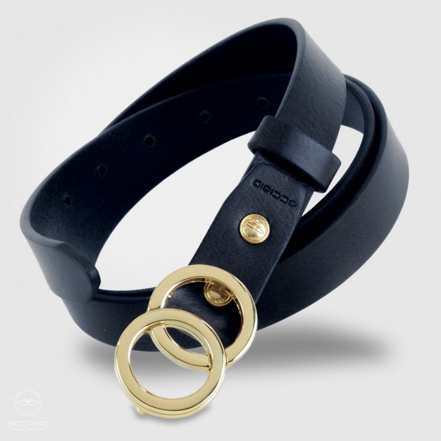 Skinny woman belt Eclipse Gold buckle leather Blu