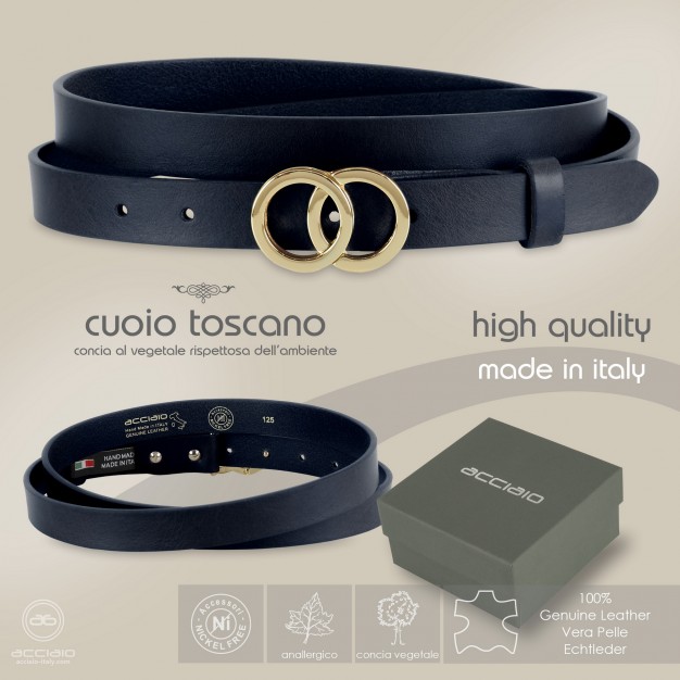 Skinny woman belt Eclipse Gold buckle leather Blu