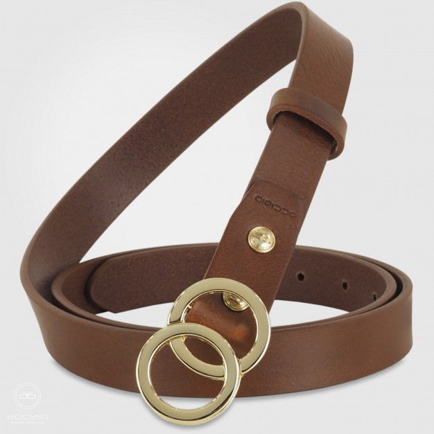 Skinny woman belt Eclipse Gold buckle leather Chestnut