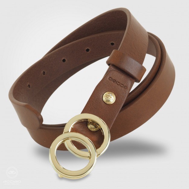 Skinny woman belt Eclipse Gold buckle leather Chestnut