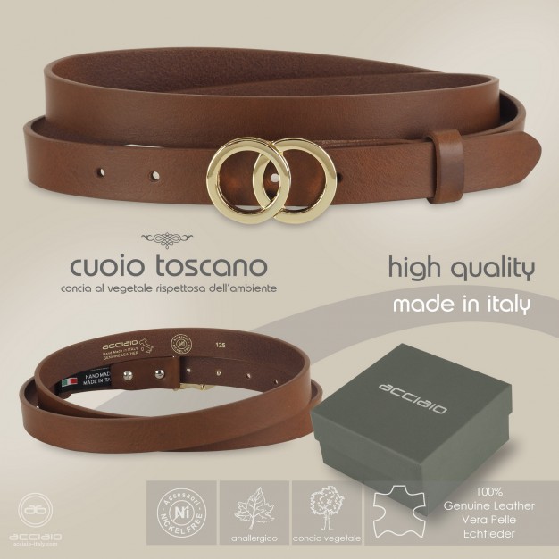 Skinny woman belt Eclipse Gold buckle leather Chestnut