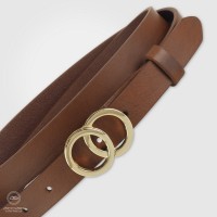 Women's thin belt, Eclipse Gold buckle, leather Chestnut/Brown