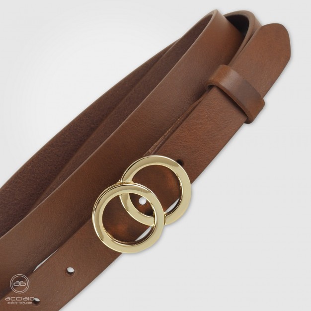 Skinny woman belt Eclipse Gold buckle leather Chestnut