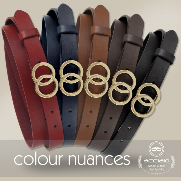 Skinny woman belt Eclipse Gold buckle leather Blu