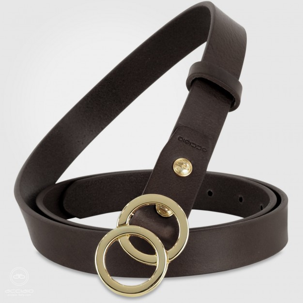 Skinny woman belt Eclipse Gold buckle leather Brown
